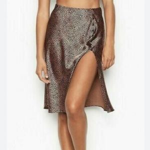 Victoria s Secret Leopard Side Slit Button Front Satin Midi Skirt